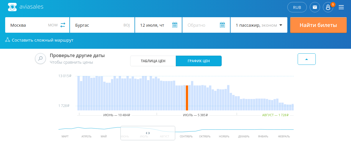 Выбор даты с самыми дешевыми билетами на самолет в Бургас