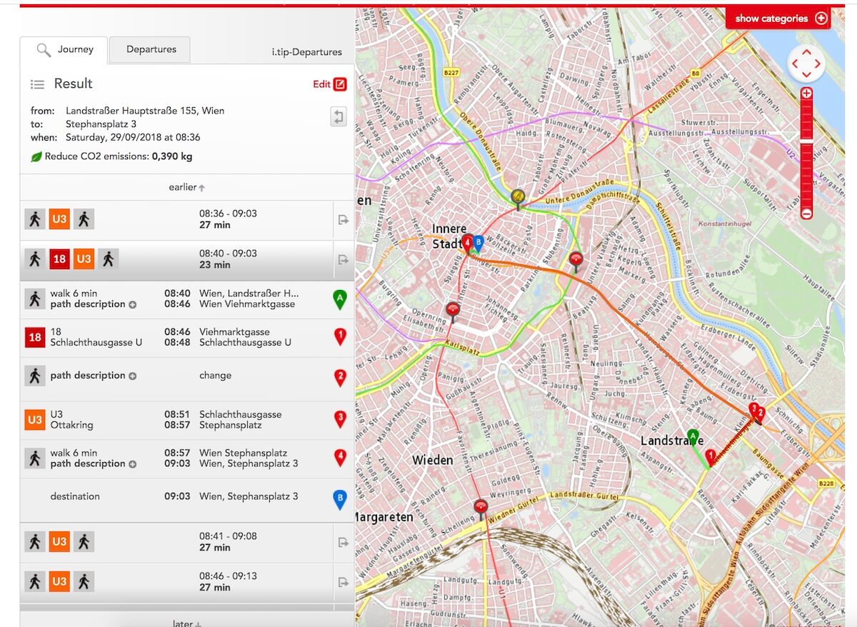 Прокладка маршрута на сайте Wiener Linien